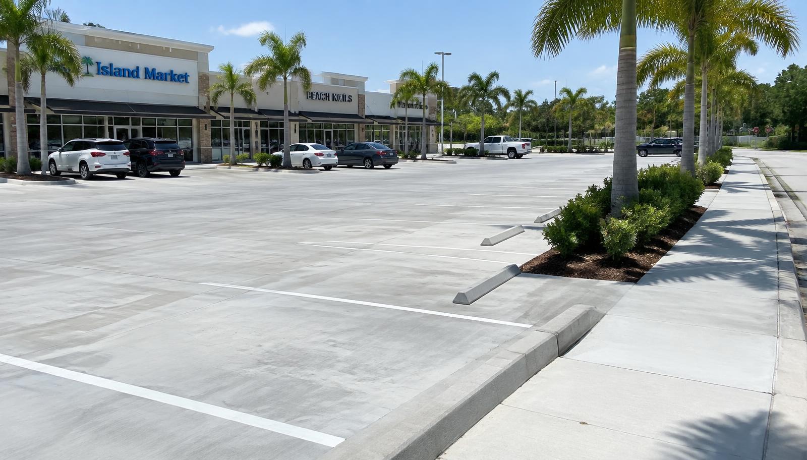 Commercial concrete parking lot, curbs and sidewalk at a Florida retail plaza