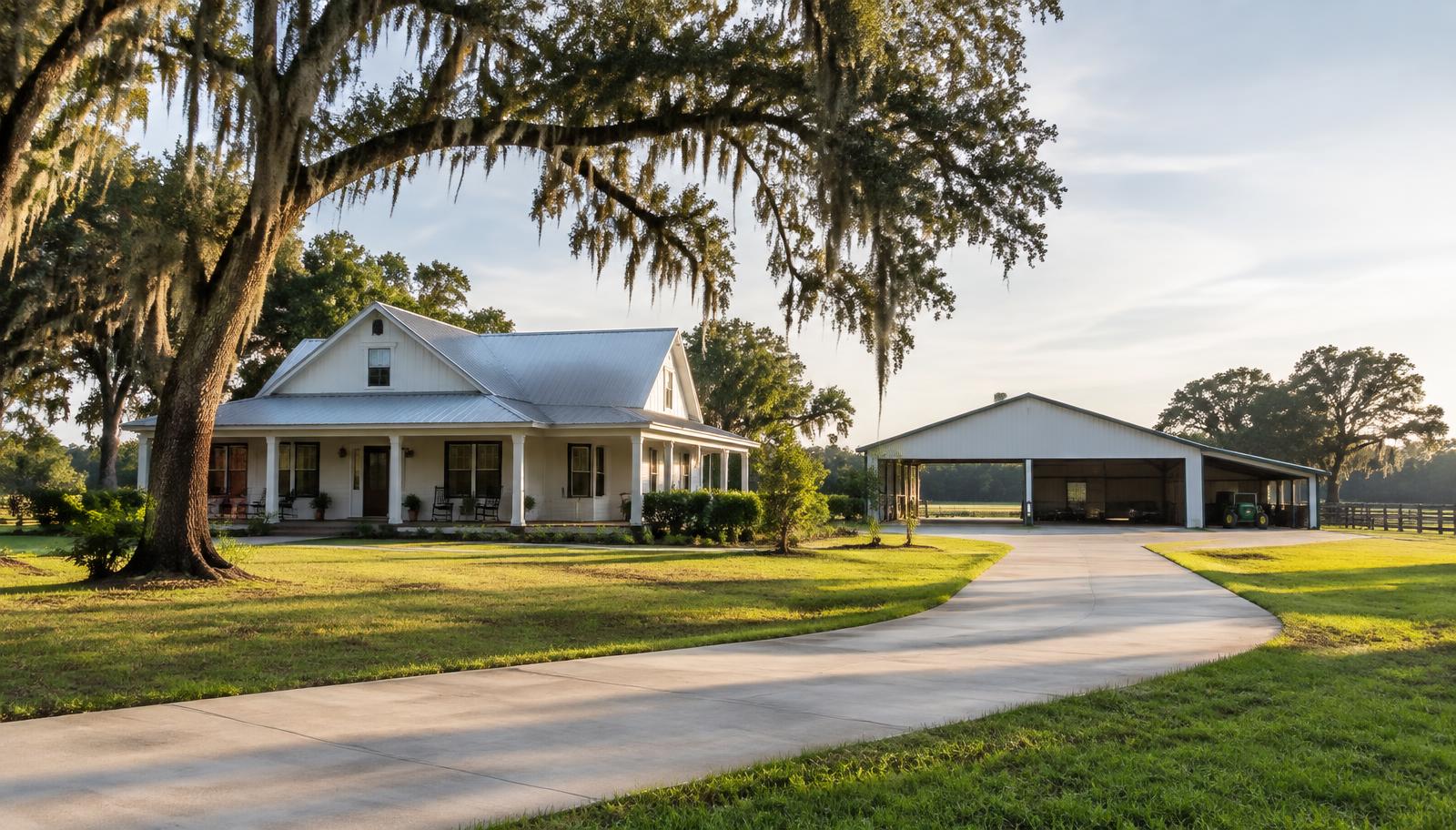 Concrete driveway leading to a pole barn slab at a rural Floral City, FL farmhouse
