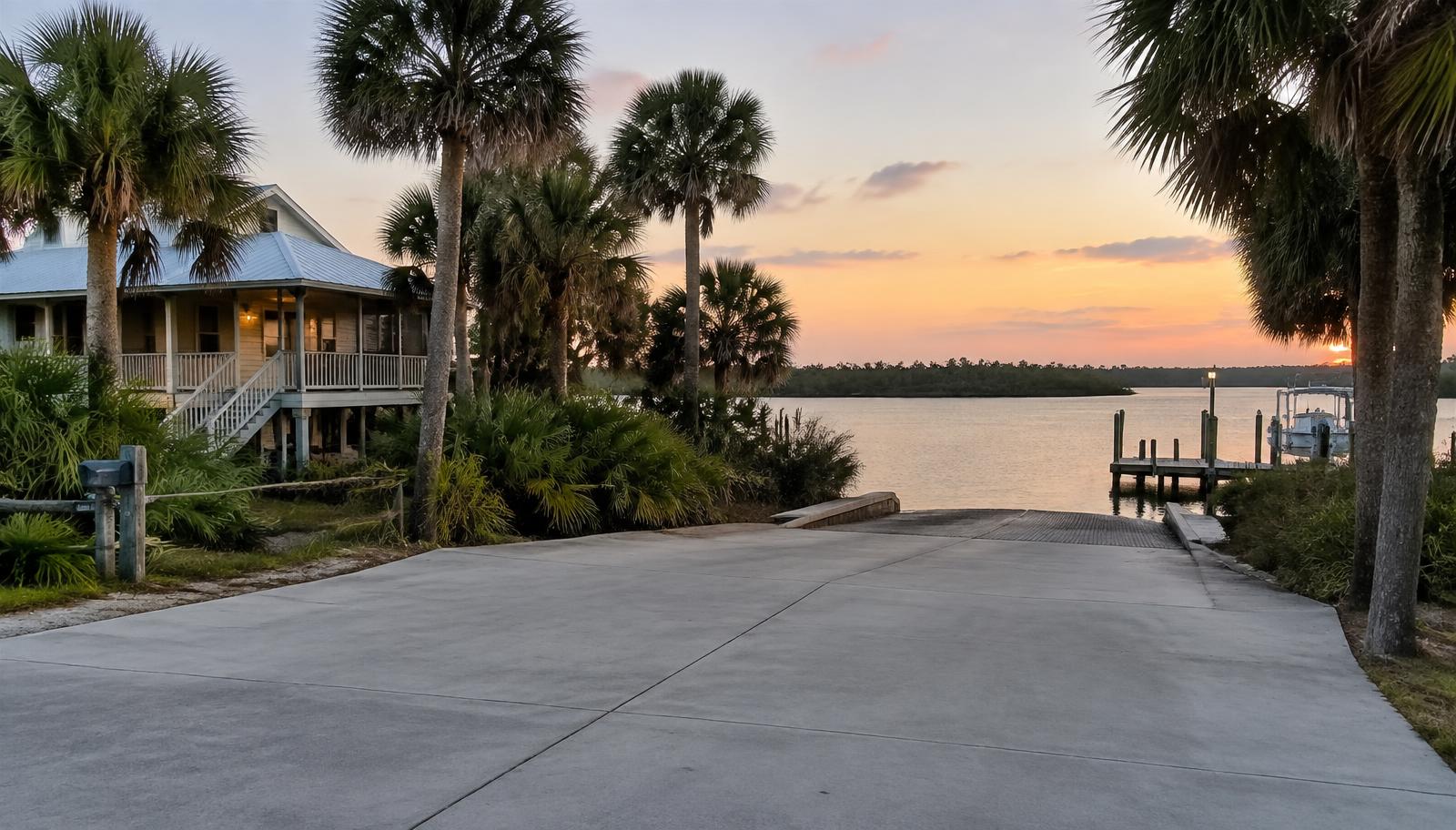 Concrete driveway and boat ramp approach at a riverside home in Homosassa, FL