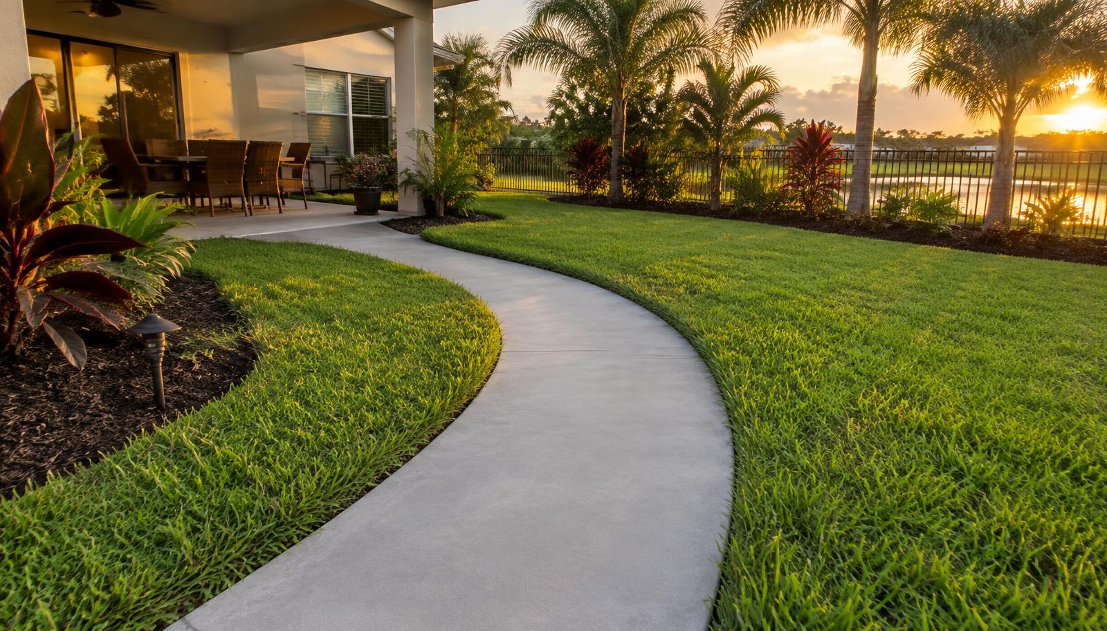 Curved concrete walkway leading from a backyard patio through a Florida lawn at sunset