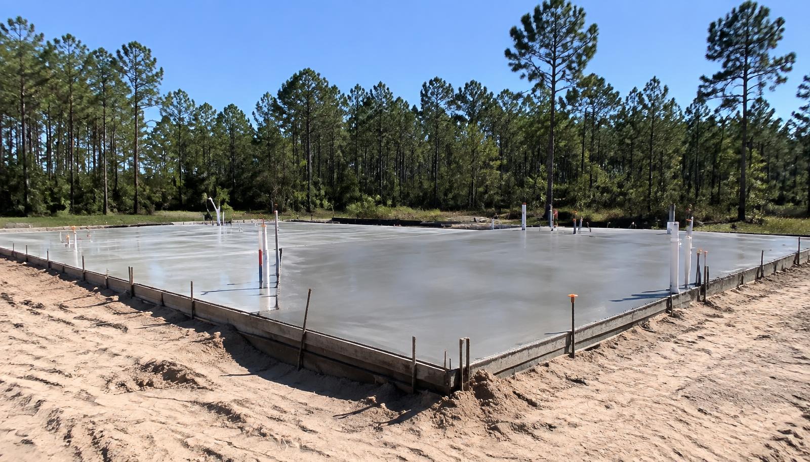 Freshly poured monolithic concrete foundation slab with plumbing stubs for a new Florida home