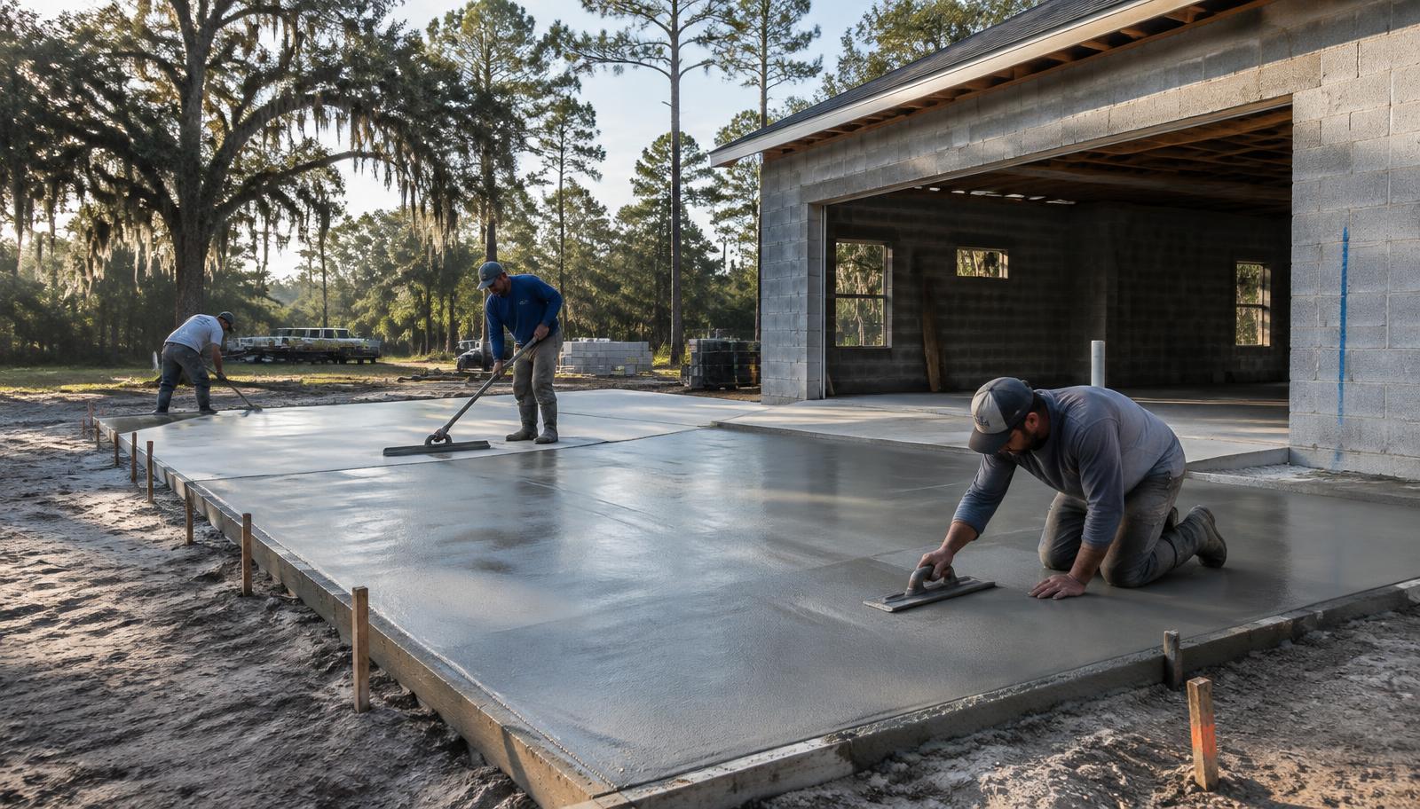 Concrete crew finishing a garage slab at a new block home in Lecanto, FL