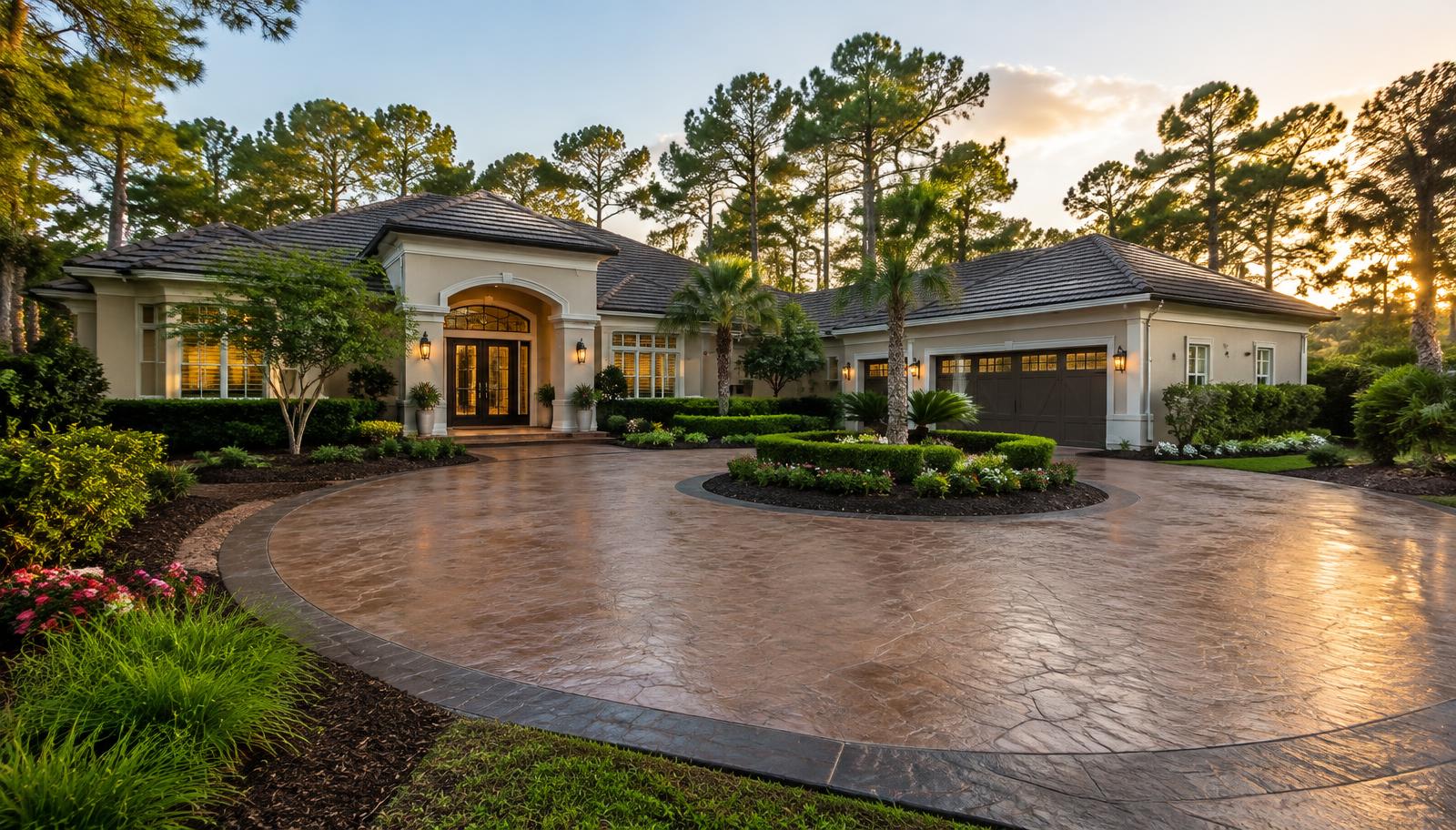 Stamped and colored concrete circular driveway at a Sugarmill Woods, FL home