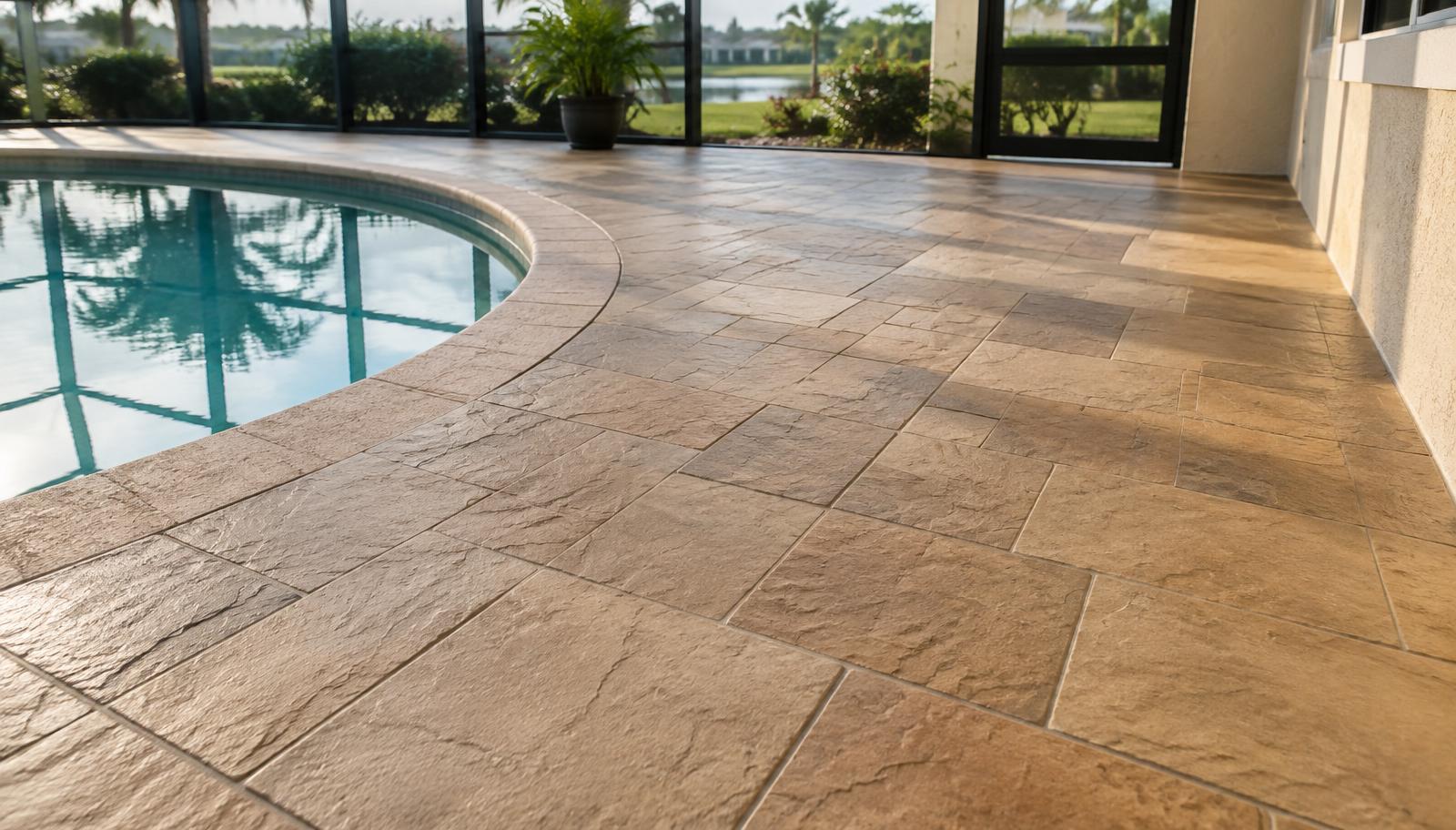 Tan stamped slate-pattern decorative concrete pool deck inside a Florida screened enclosure